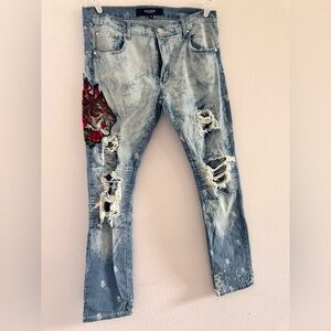 Reason distressed mulberry moto flame tiger jeans size 38
